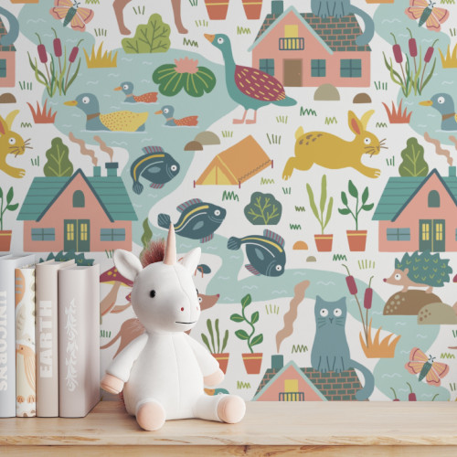 Cute animals wallpaper on a nusery wall