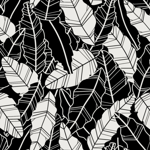 Black and white leaves with lines repeat pattern