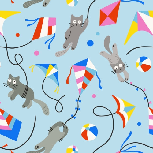 Repeat pattern with cats flying kites