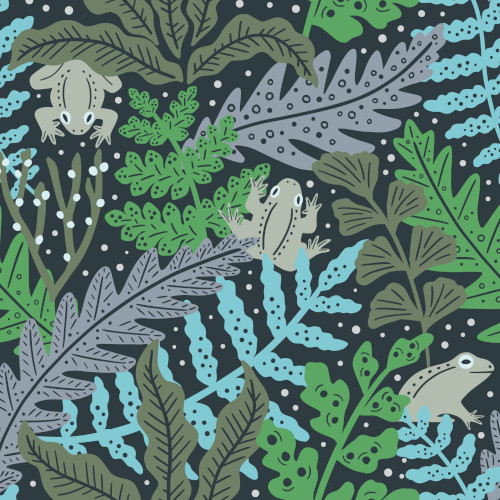 Repeat pattern with ferns and hidden frogs