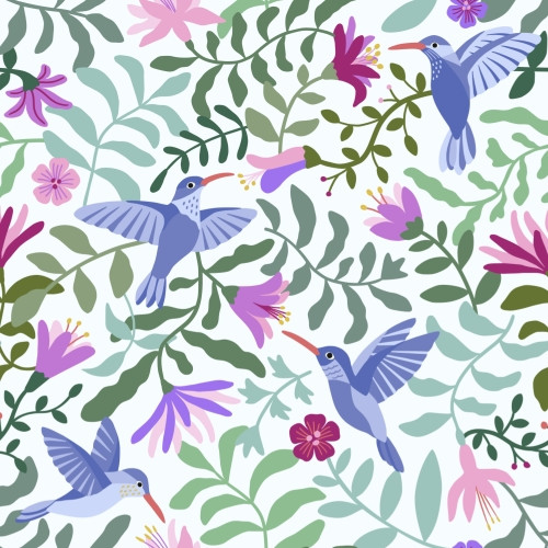 Hummingbird, flower and leaves garden repeat pattern