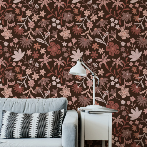 Maximalist autumn floral design on wallpaper