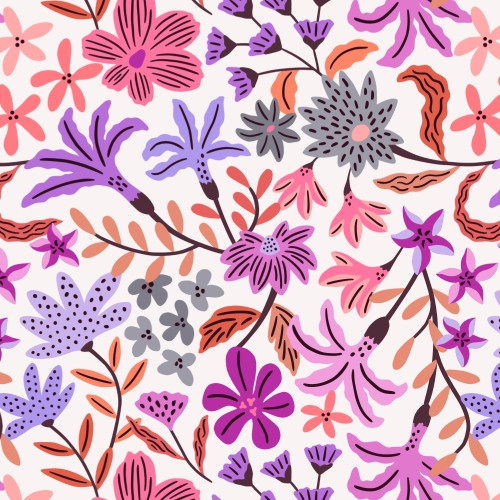 Maximalist floral repeat pattern in purple and pink hues 