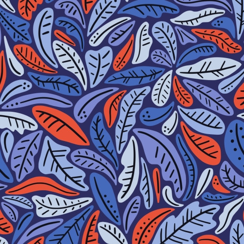 Graphic modern leaves repeat pattern in blue and red