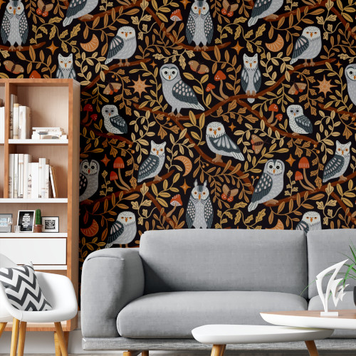 Owl wallpaper mockup in a living room wall