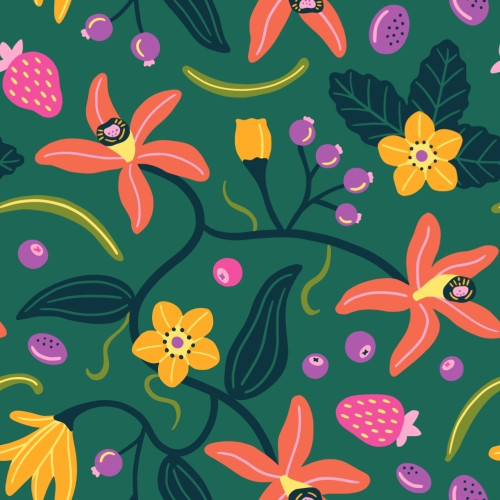 Vanilla flowers and berries surface pattern design