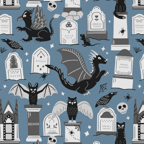 Dragons and gryphon statues at the cemetery repeat pattern