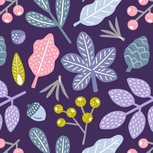 Winter leaves and berries pattern on navy blue background