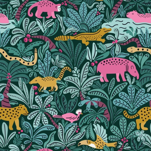 tropical jungle surface pattern design with animals and leaves