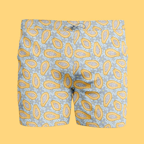 Papaya and blueflowers pattern design on men swim trunks