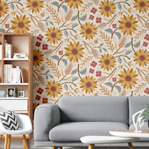 Sunflower and sprigs surface pattern design on wallpaper