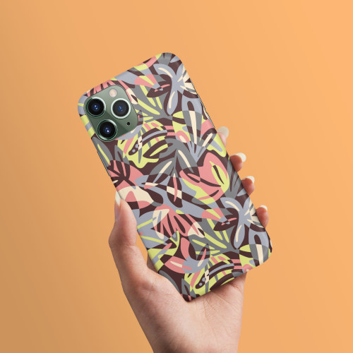 Tropical pattern iphone case held by a hand