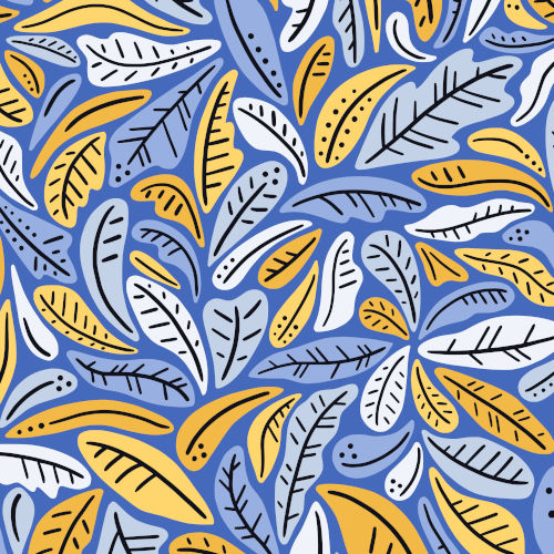 graphic leaves surface pattern design on blue and yellow