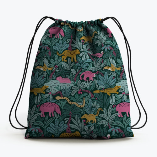 tropical jungle surface pattern design with animals and leaves on a drawstring bag