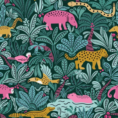 tropical jungle surface pattern design with animals and leaves