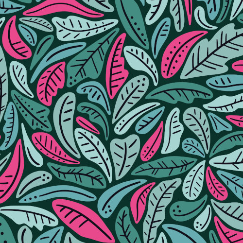 graphic leaves surface pattern design on pink and green